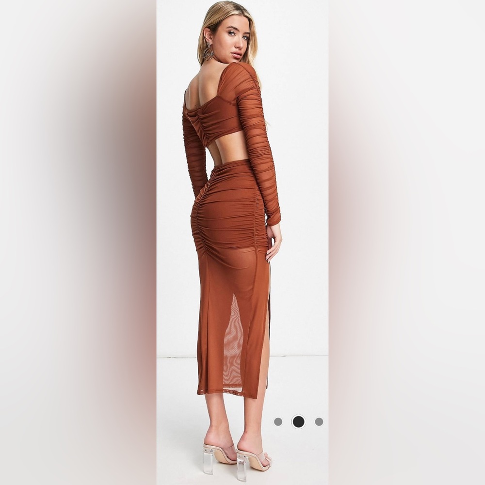 ASOS DESIGN long sleeve mesh ruched cut-out
maxi dress